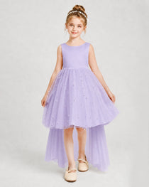 Dideyttawl Pageant Dress Pearl Embellished Asymmetrical Tulle Gown