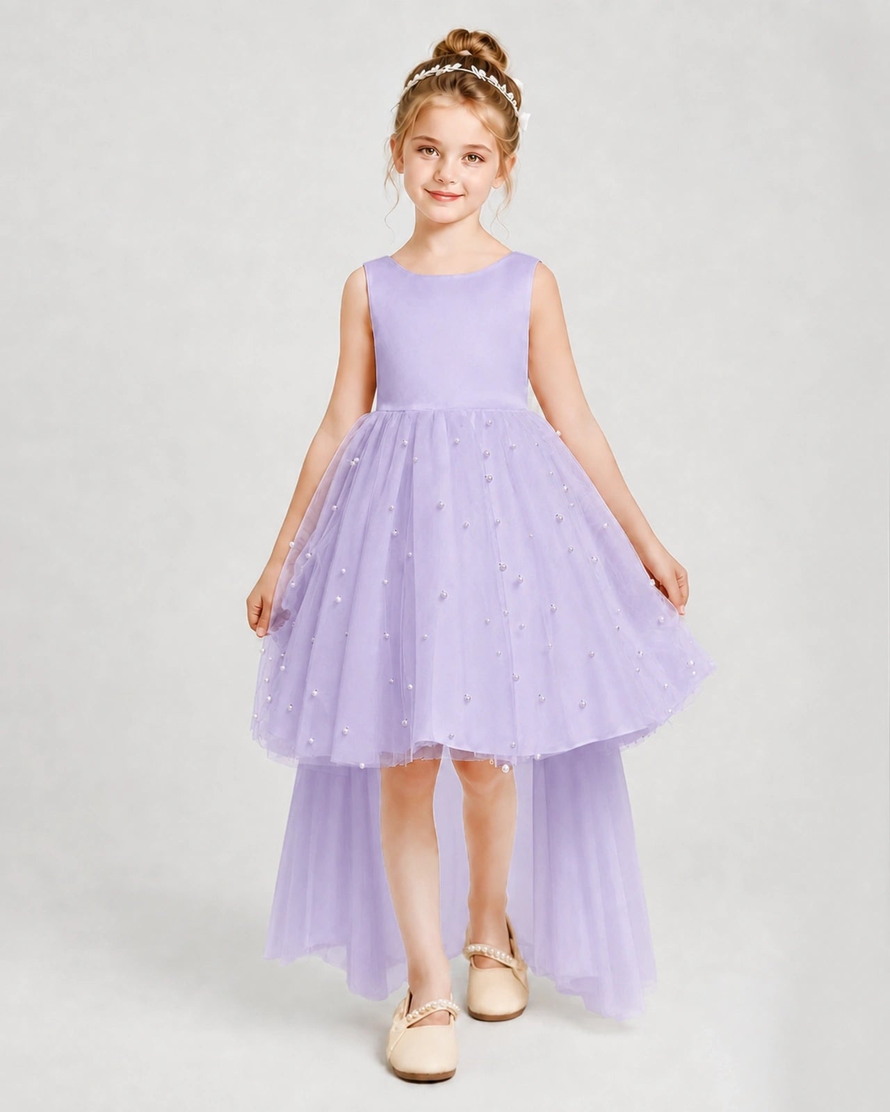 Dideyttawl Pageant Dress Pearl Embellished Asymmetrical Tulle Gown
