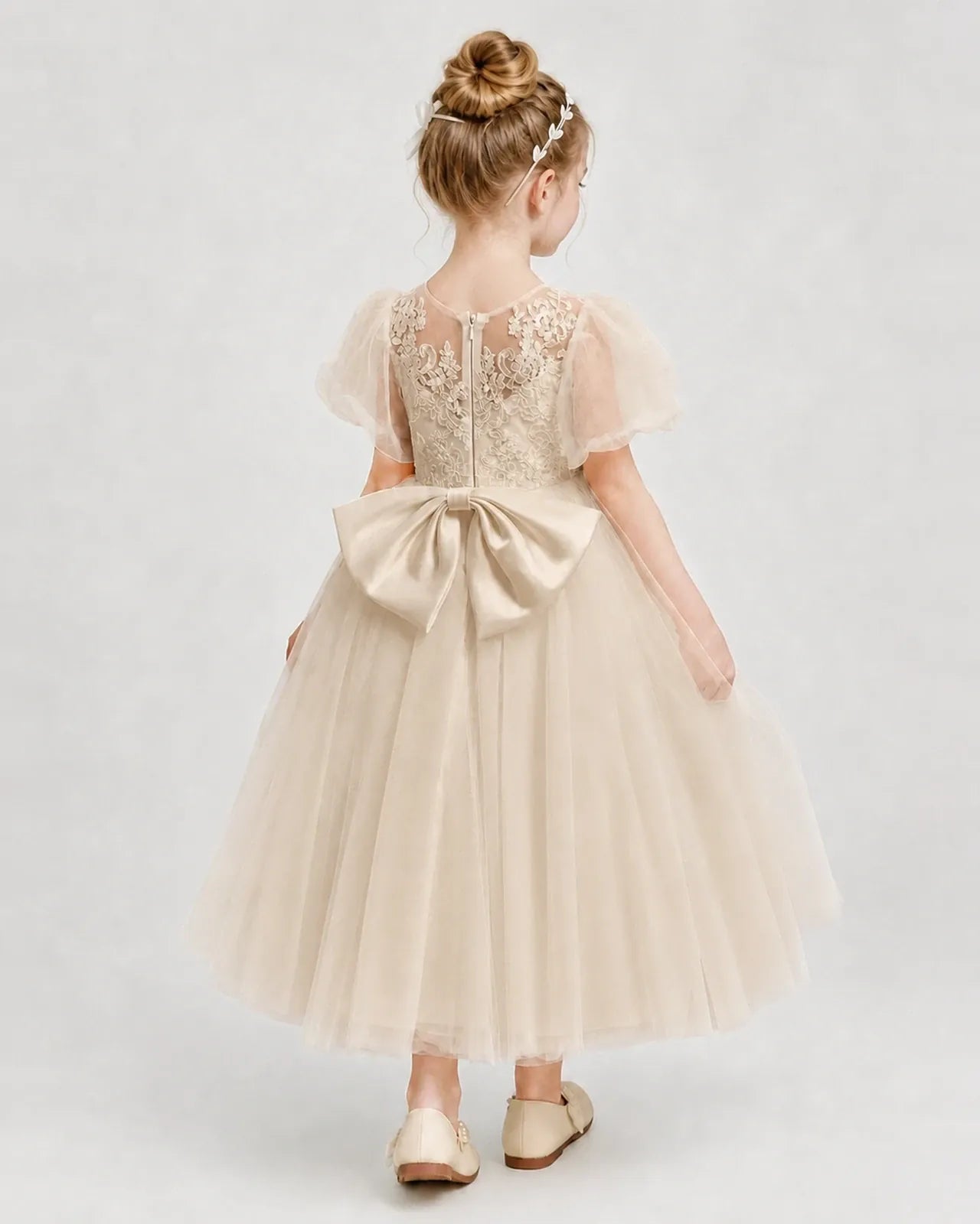 Champagne Tulle A-line Flower Girl Dress Back View