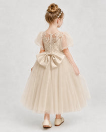 Champagne Tulle A-line Flower Girl Dress Back View