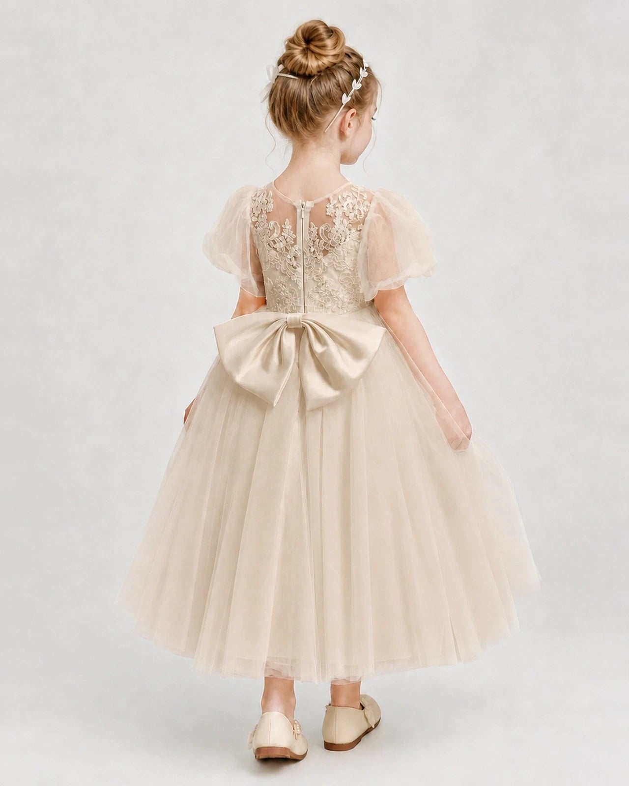 Champagne Tulle A-line Flower Girl Dress Back View