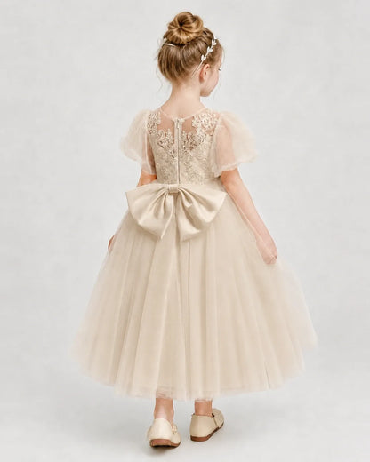 Champagne Tulle A-line Flower Girl Dress Back View