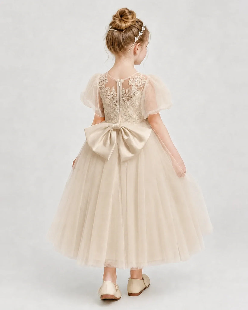 Champagne Tulle A-line Flower Girl Dress Back View