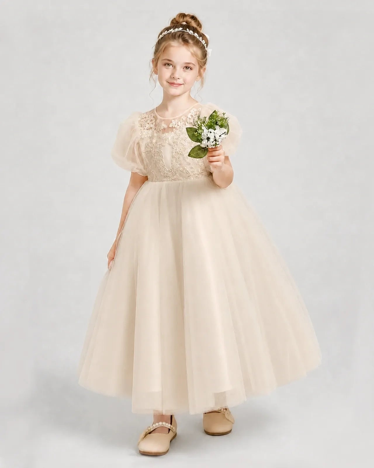 Champagne Tulle A-line Flower Girl Dress Front View