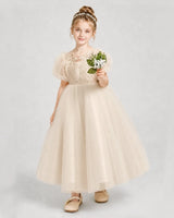 Champagne Tulle A-line Flower Girl Dress Front View