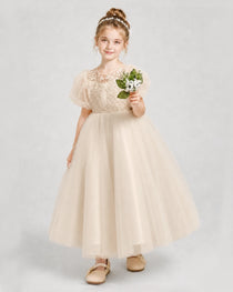Champagne Tulle A-line Flower Girl Dress Front View