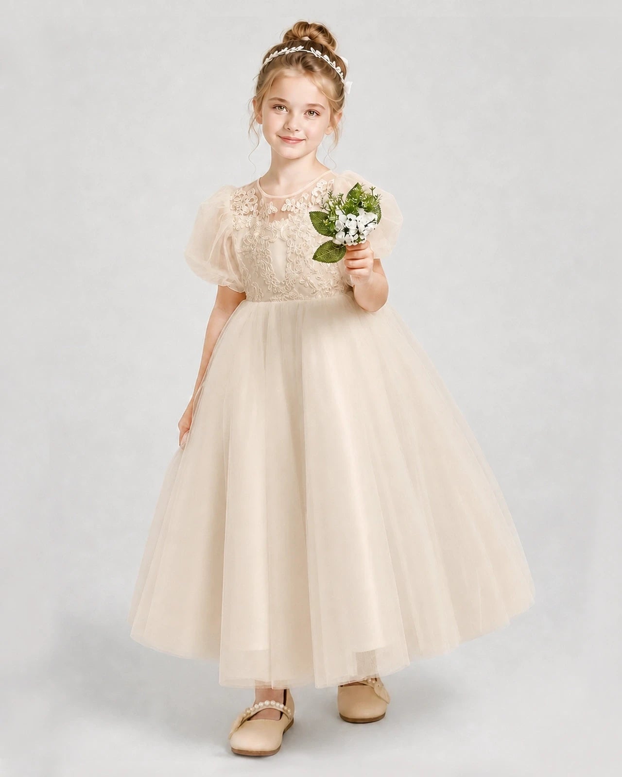 Champagne Tulle A-line Flower Girl Dress Front View