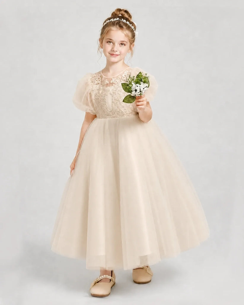 Champagne Tulle A-line Flower Girl Dress Front View
