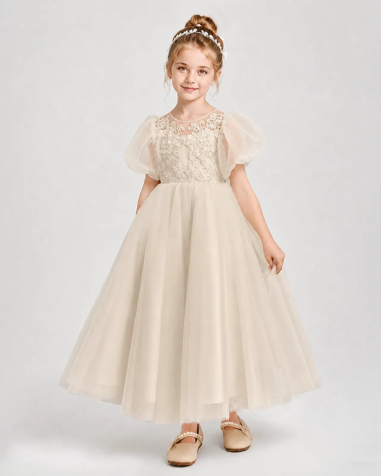 Champagne Tulle A-line Flower Girl Dress Side View