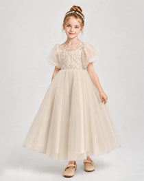 Champagne Tulle A-line Flower Girl Dress Side View