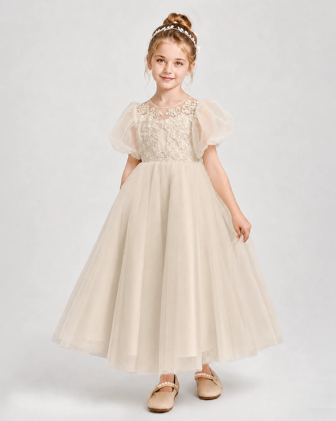 Champagne Tulle A-line Flower Girl Dress Side View