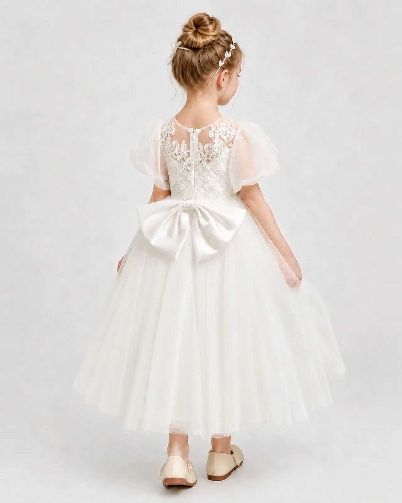 Ivory Tulle A-line Flower Girl Dress Back View
