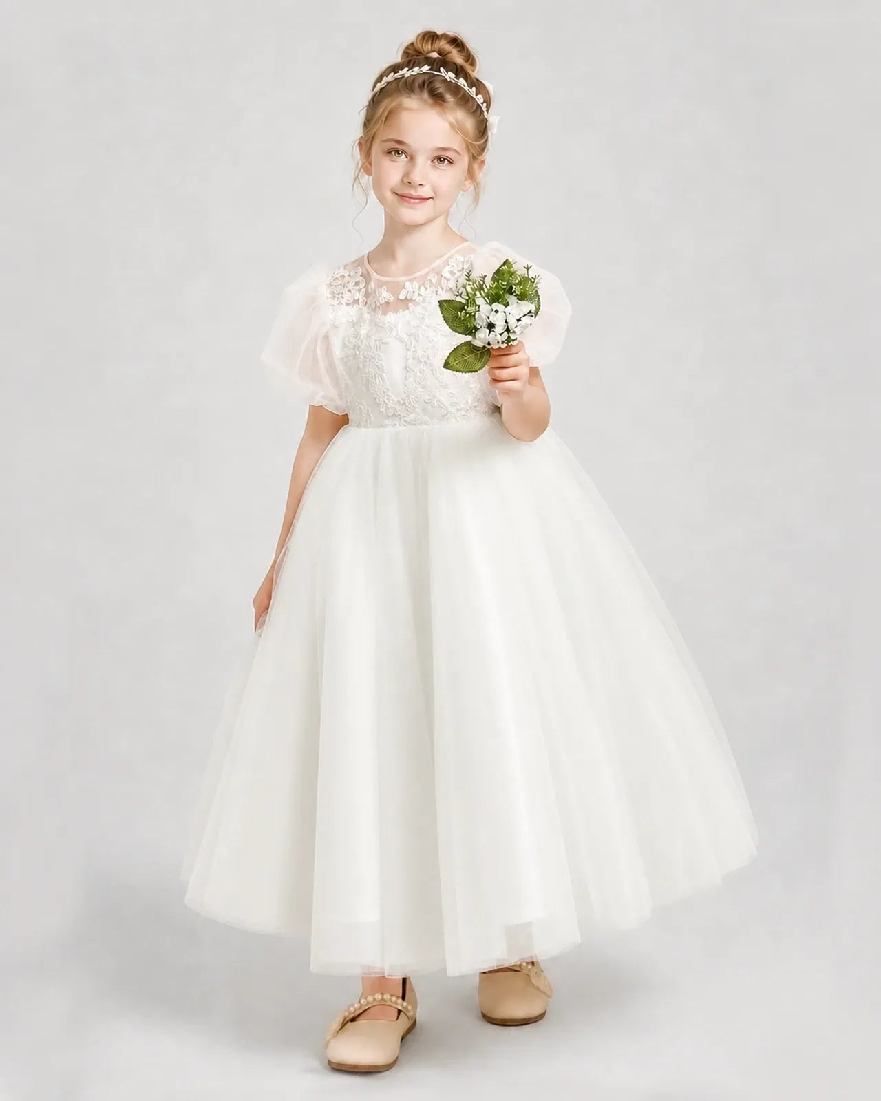 Ivory Tulle A-line Flower Girl Dress Front View