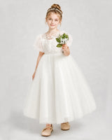 Ivory Tulle A-line Flower Girl Dress Front View