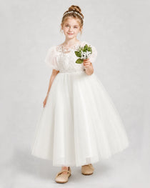 Ivory Tulle A-line Flower Girl Dress Front View