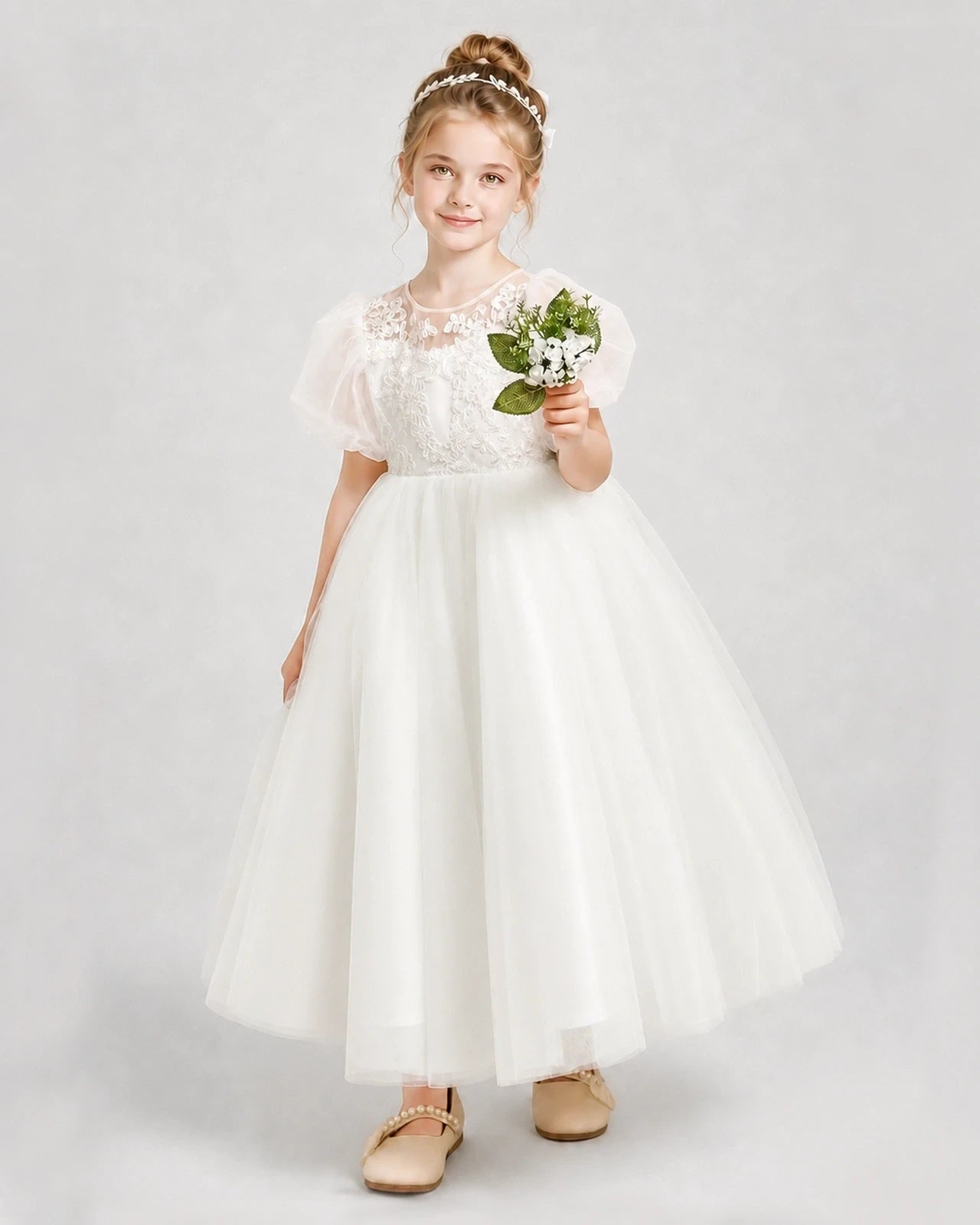 Ivory Tulle A-line Flower Girl Dress Front View
