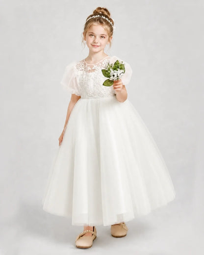 Ivory Tulle A-line Flower Girl Dress Front View