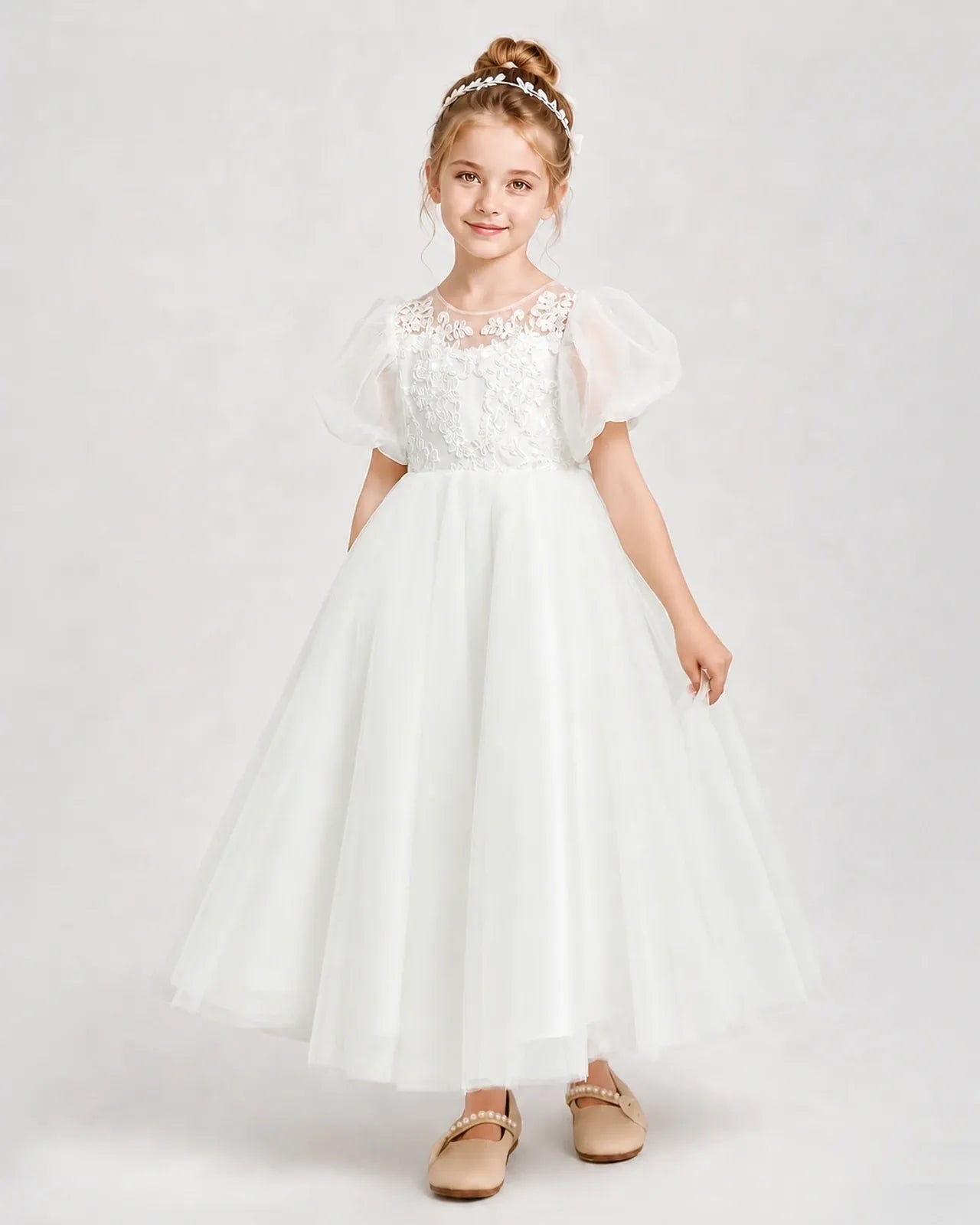 Ivory Tulle A-line Flower Girl Dress Side View