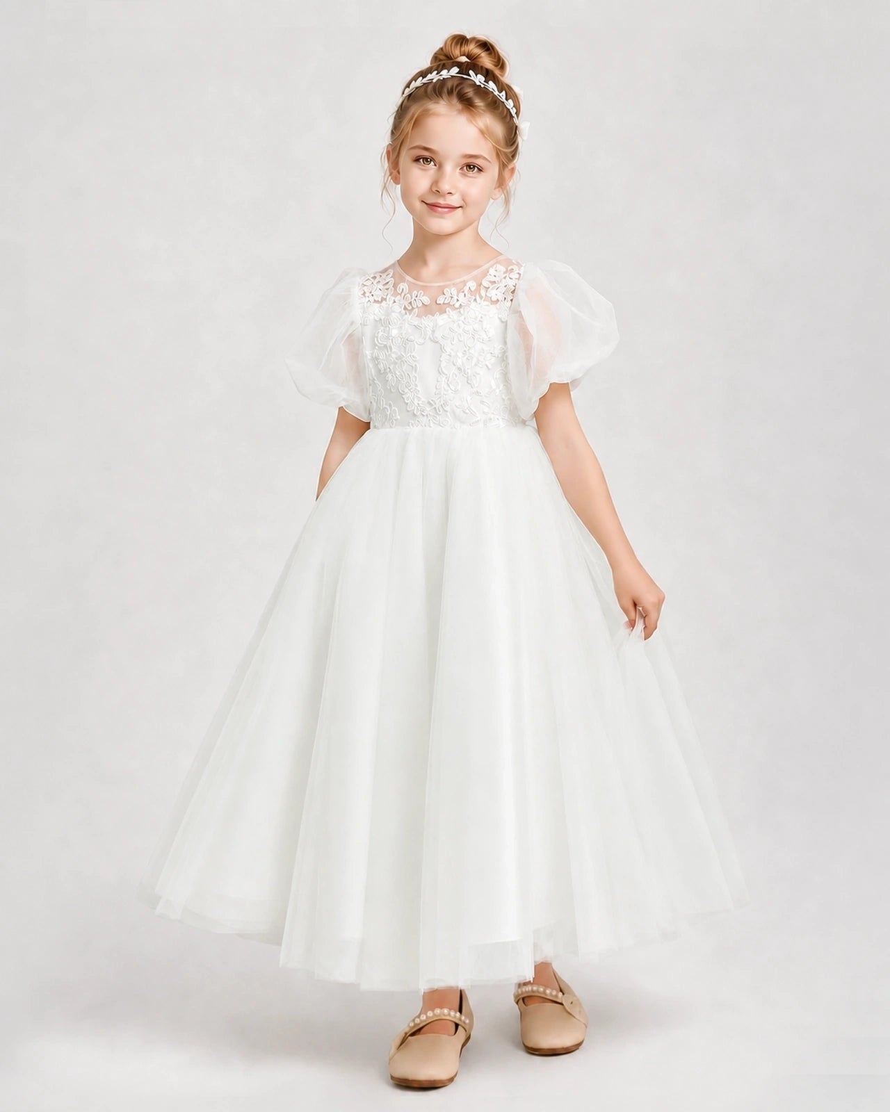 Ivory Tulle A-line Flower Girl Dress Side View