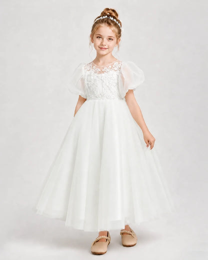 Ivory Tulle A-line Flower Girl Dress Side View