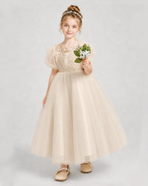 Dideyttawl Flower Girl Dress Puff Sleeve Bow Back Tulle Midi Dress