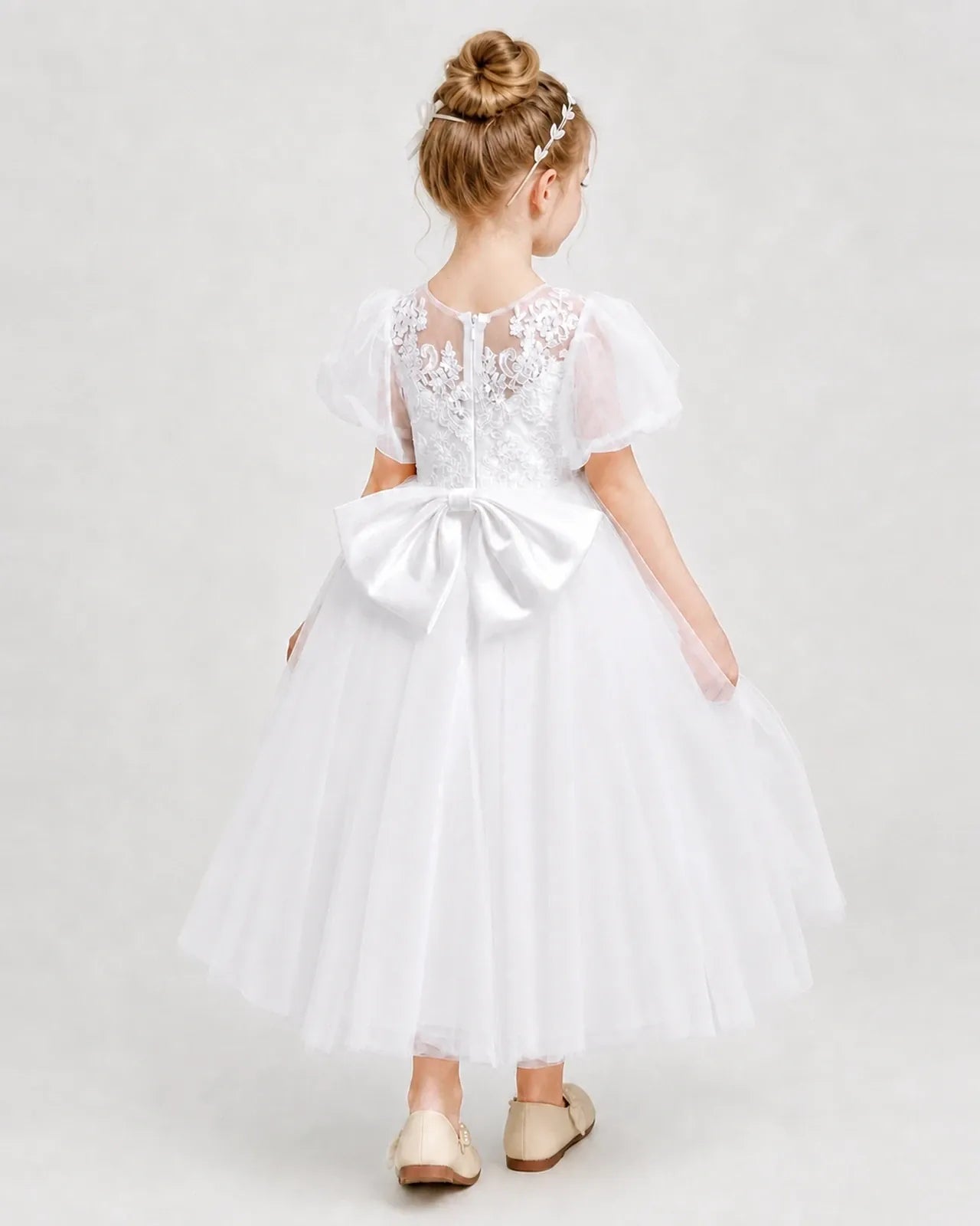 White Tulle A-line Flower Girl Dress Back View