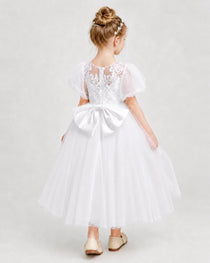 White Tulle A-line Flower Girl Dress Back View