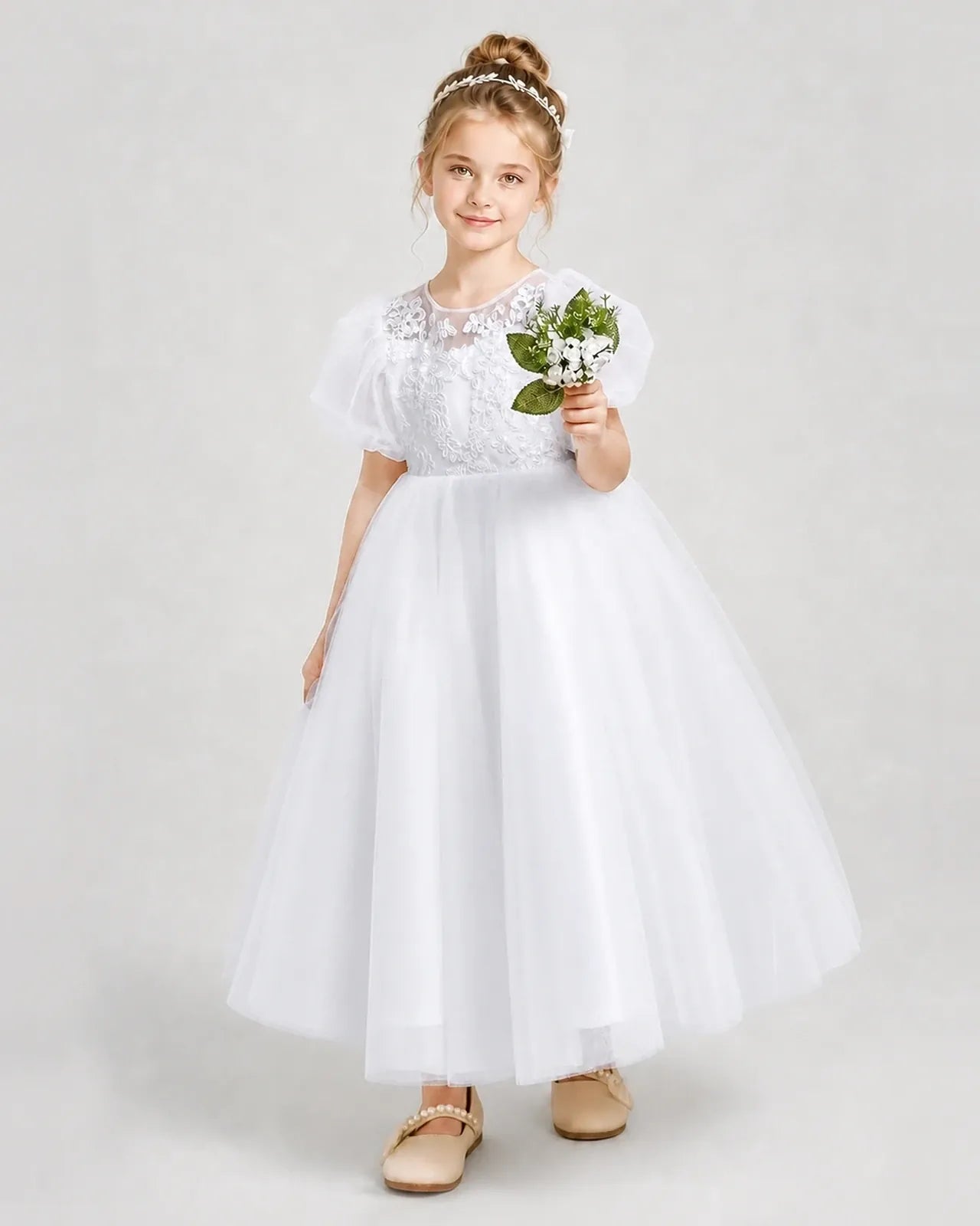 White Tulle A-line Flower Girl Dress Front View