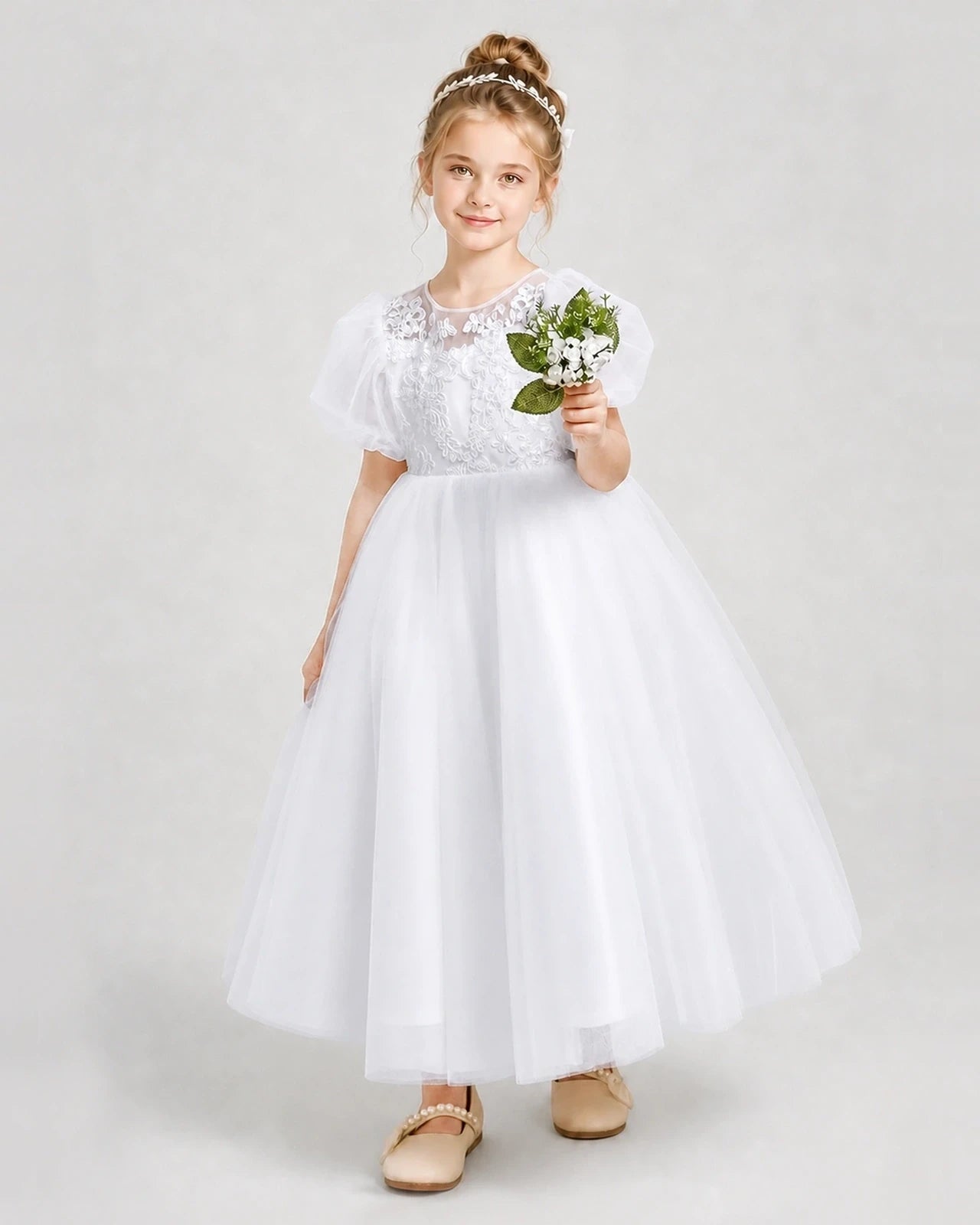 White Tulle A-line Flower Girl Dress Front View
