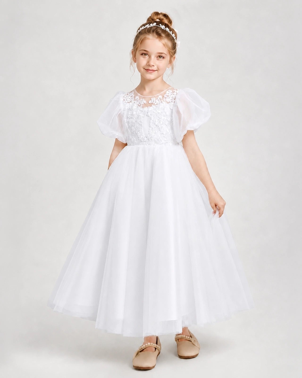 White Tulle A-line Flower Girl Dress Side View Main image