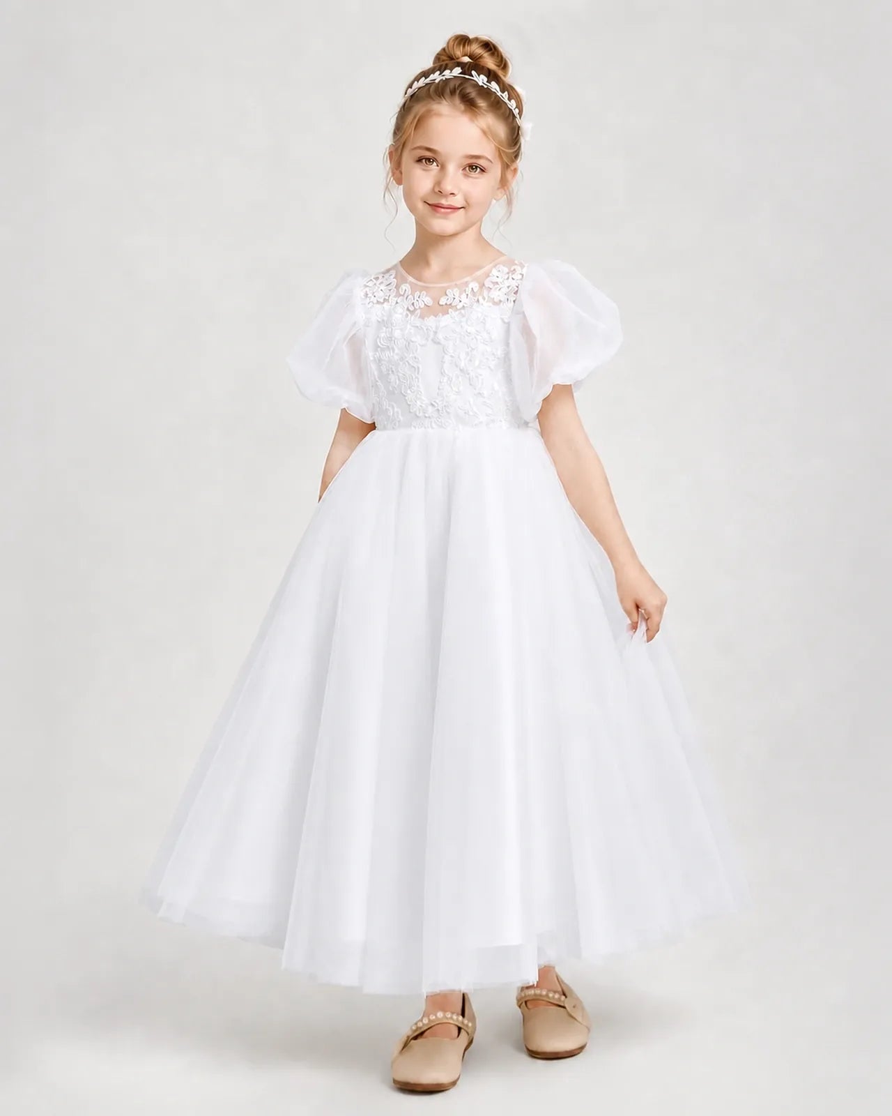 White Tulle A-line Flower Girl Dress Side View