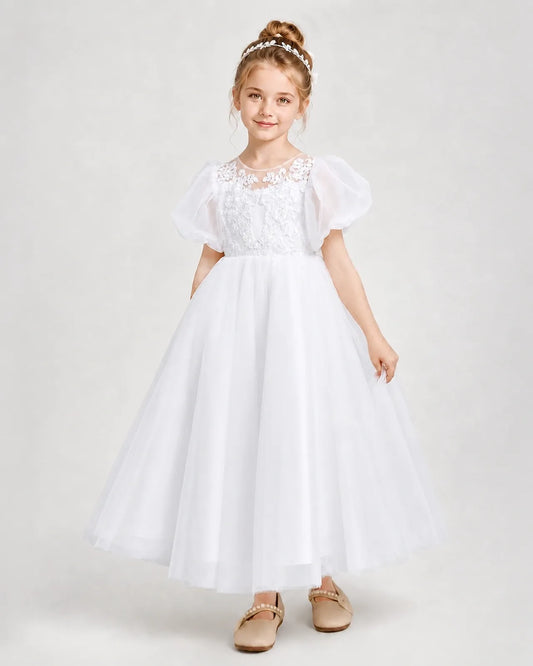 White Tulle A-line Flower Girl Dress Side View
