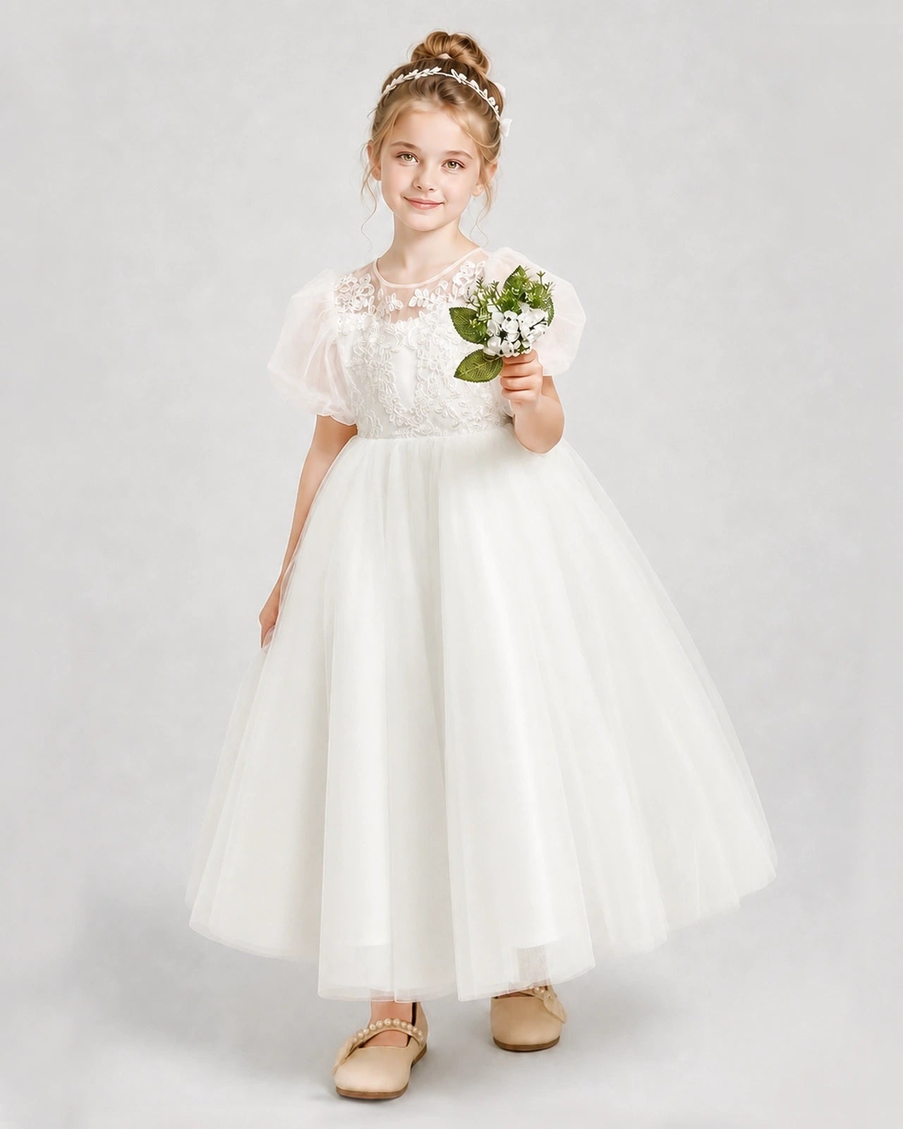 Dideyttawl Flower Girl Dress Puff Sleeve Bow Back Tulle Midi Dress