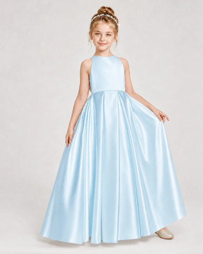 Baby Blue Satin A-line Girls Formal Dress Front View