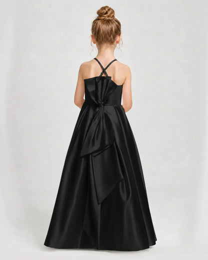 Black Satin A-line Girls Formal Dress Back View