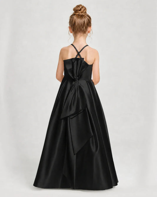 Black Satin A-line Girls Formal Dress Back View