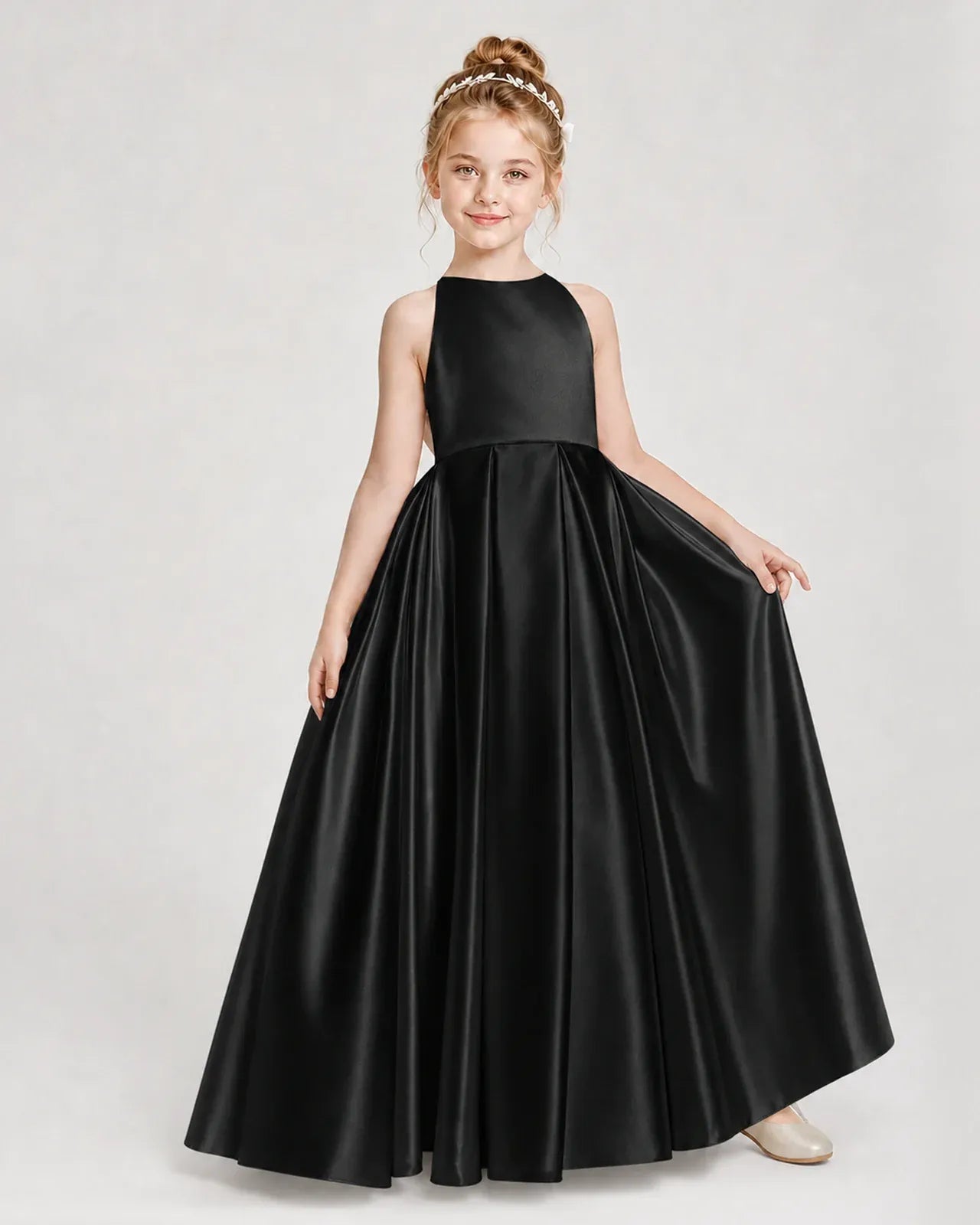 Black Satin A-line Girls Formal Dress Front View