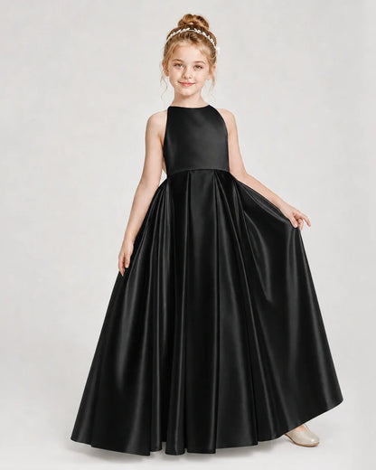 Black Satin A-line Girls Formal Dress Front View