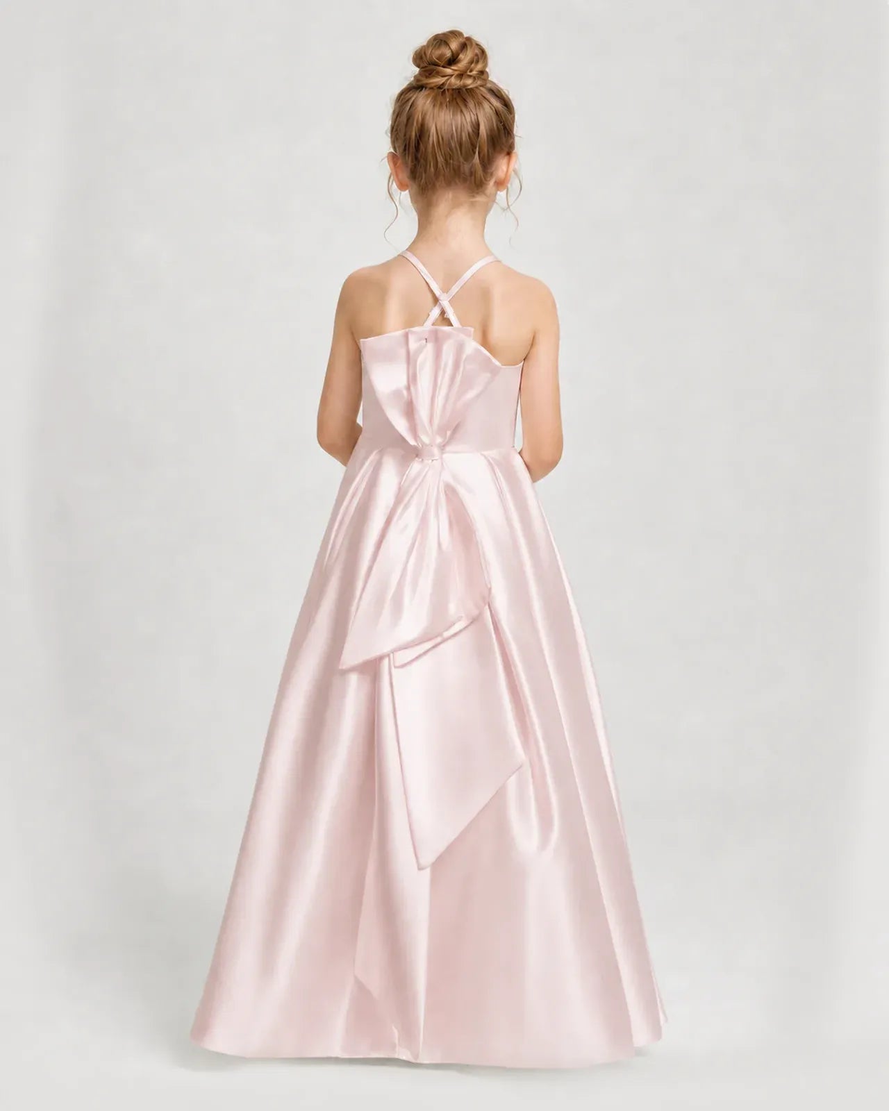 Blush Pink Satin A-line Girls Formal Dress Back View