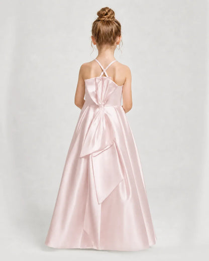Blush Pink Satin A-line Girls Formal Dress Back View