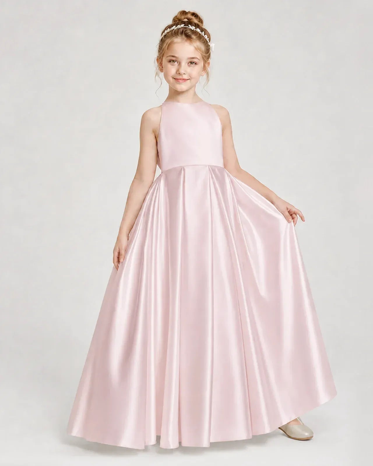 Blush Pink Satin A-line Girls Formal Dress Front View
