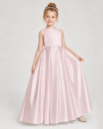 Dideyttawl Girls Formal Dress Halter Neck Bow Back Satin Floor-Length Gown