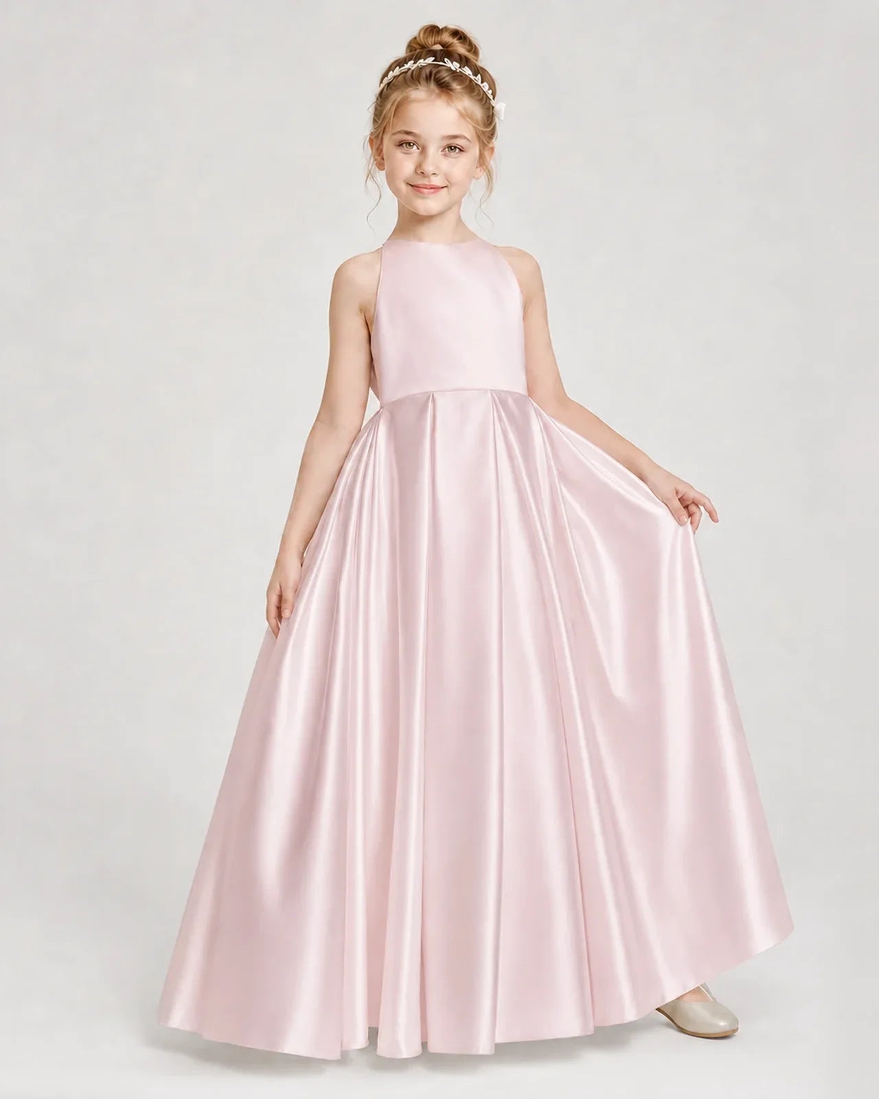 Dideyttawl Girls Formal Dress Halter Neck Bow Back Satin Floor-Length Gown