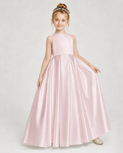 Blush Pink Satin A-line Girls Formal Dress Front View