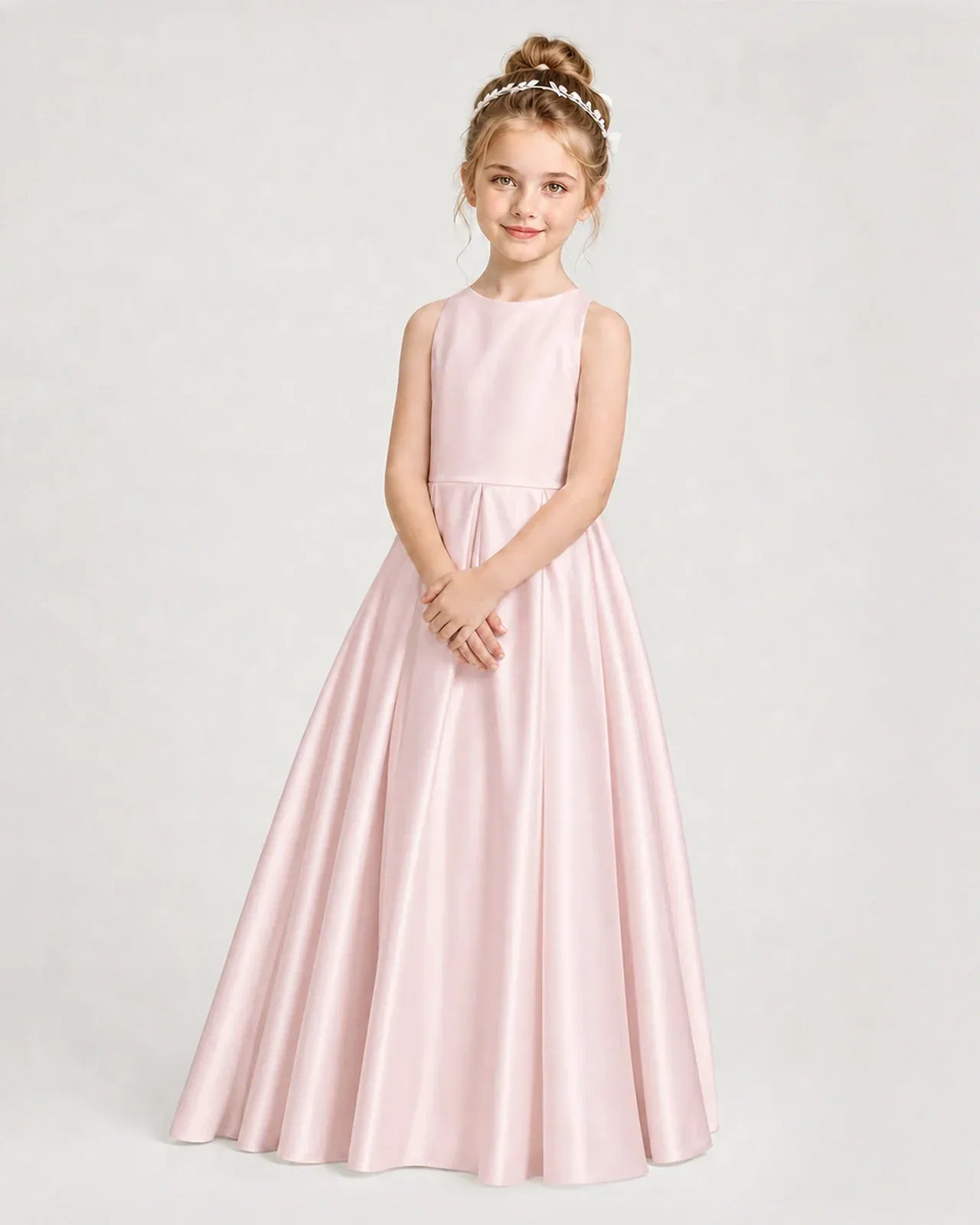 Blush Pink Satin A-line Girls Formal Dress Side View
