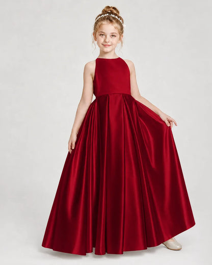Burgundy Satin A-line Girls Formal Dress Front View