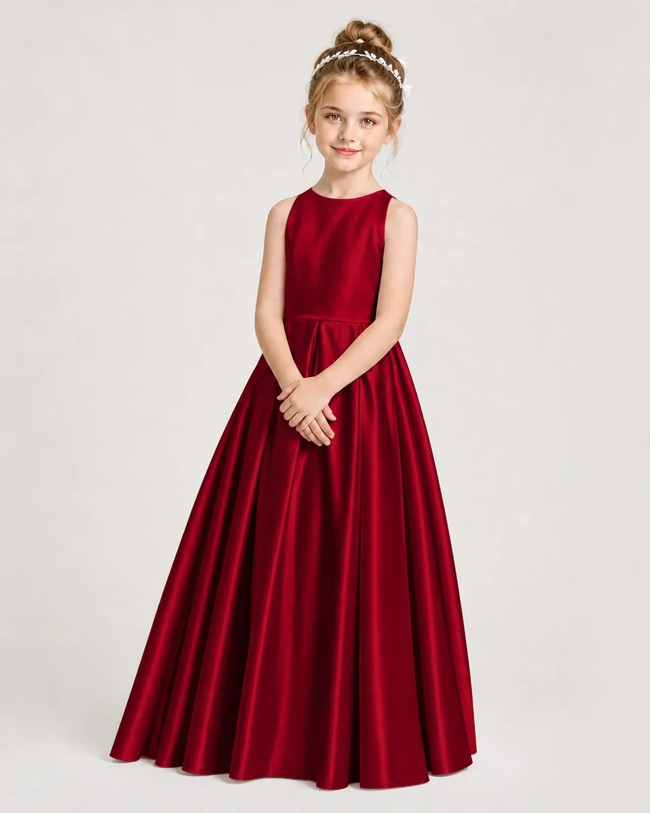 Burgundy Satin A-line Girls Formal Dress Side View