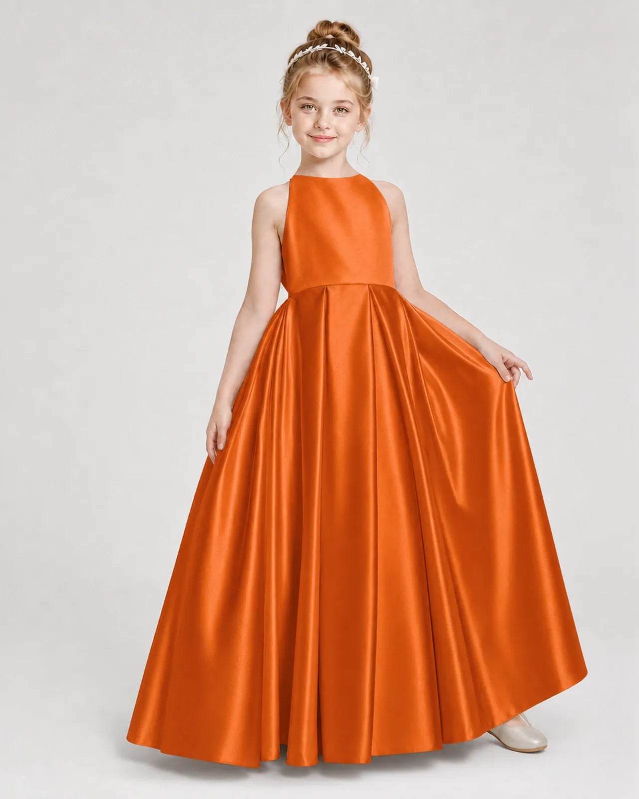 Burnt Orange Satin A-line Girls Formal Dress Front View