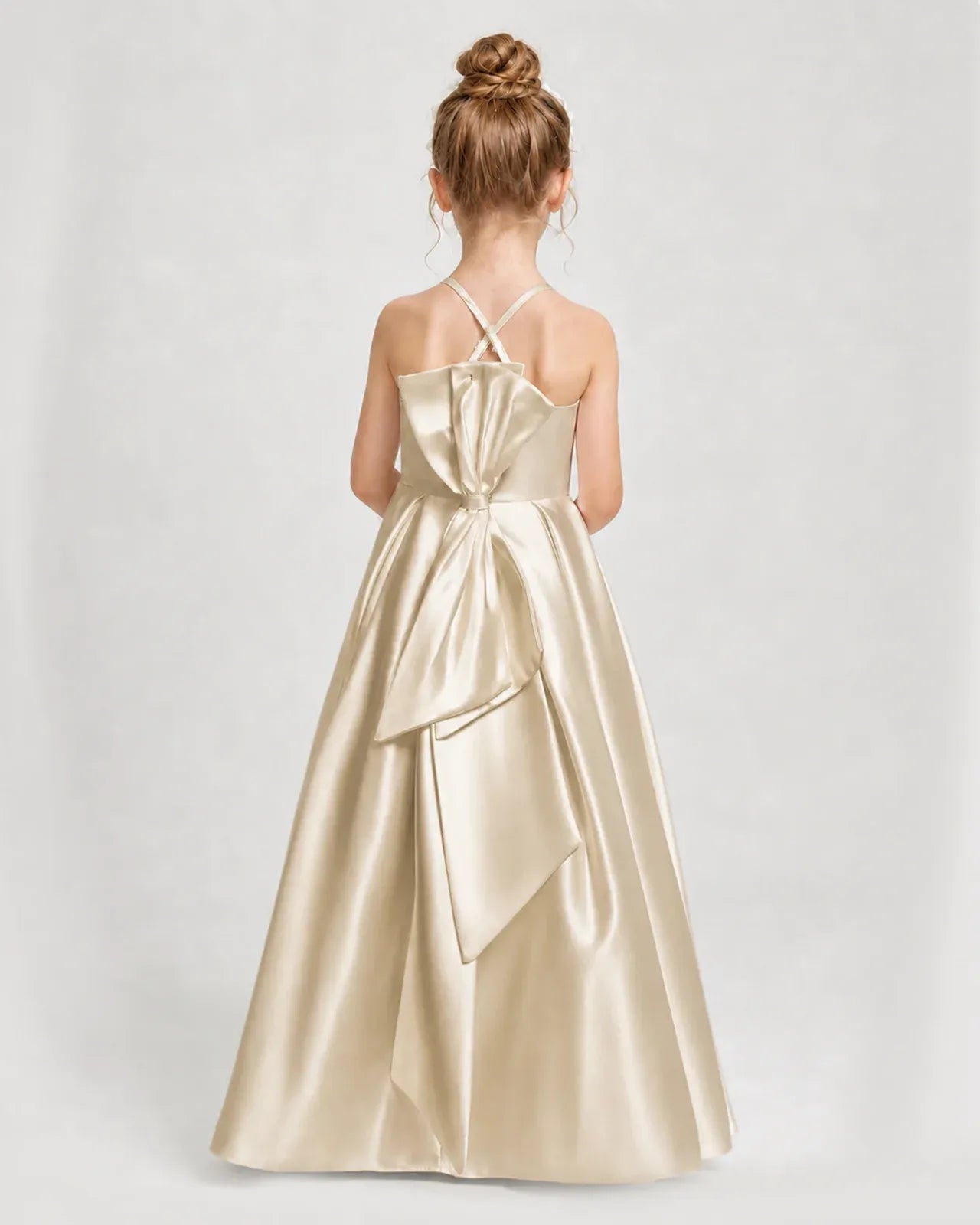 Champagne Satin A-line Girls Formal Dress Back View