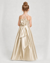 Dideyttawl Girls Formal Dress Halter Neck Bow Back Satin Floor-Length Gown